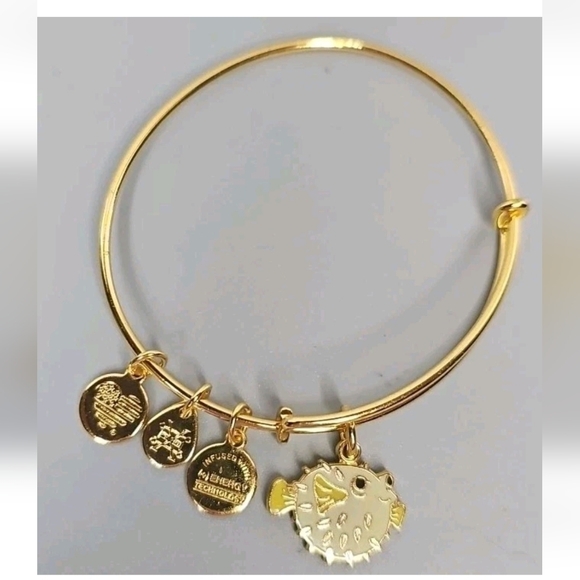 Alex Ani Bracelet Gold Tone Bangle Puffer Fish USA Charms Adjustable W/ Box EUC - Picture 2 of 4